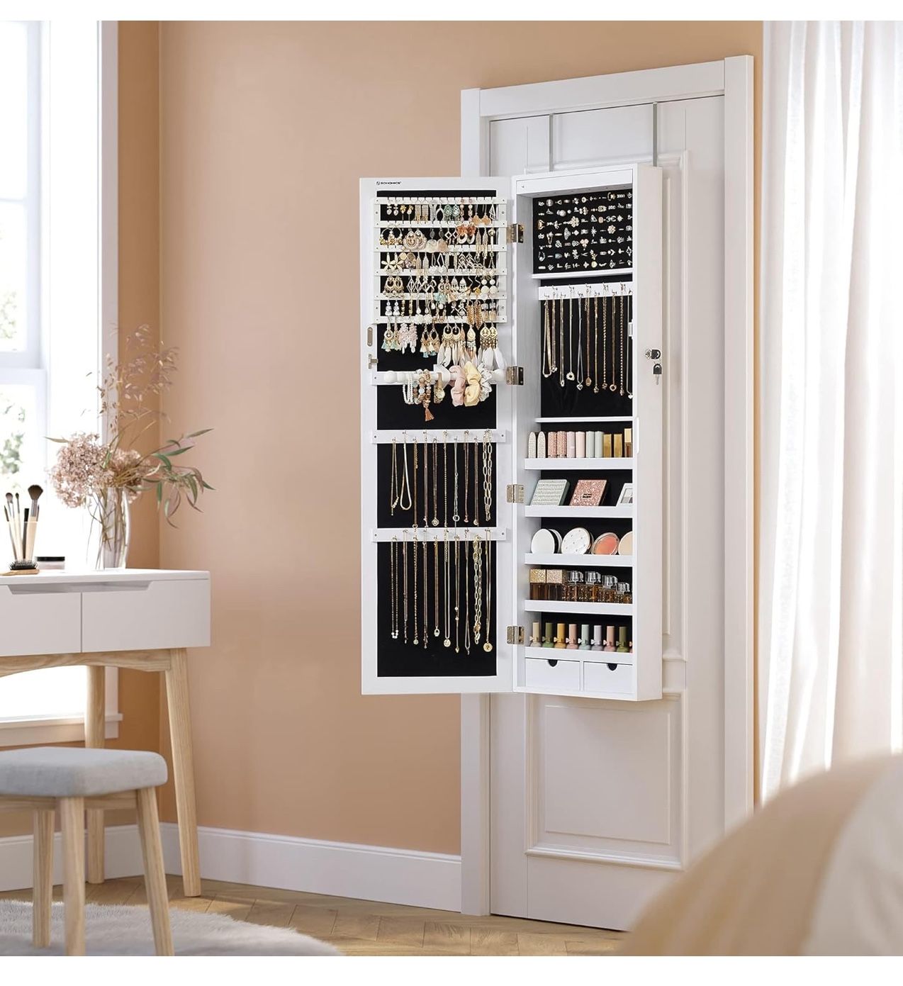 47.2-Inch Tall Lockable Wall or Door Mounted Jewelry Armoire Organizer with Mirror, 2 Drawers, 3.9 x 14.6 x 47.2 Inches