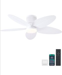 Palm Leaf Ceiling Fans with Lights-42 Tropical Ceiling Fan with Light and Remote/APP Control,Flush Mount Low Profile White Ceiling Fans for Bedroom,In