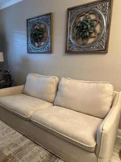 Cream Linen Two-Cushion Sofa with 2 Free Ottomans