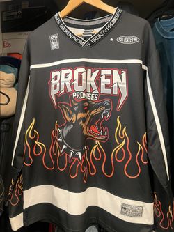 Broken Promises Hockey Jersey Shirt Mens Medium Flames Wolf Graphic
