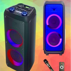 Karaoke Portable Bluetooth Party Speaker, Dual 10” woofers with Lights, Radio,