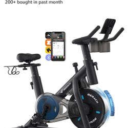 Exercise Bike, Brake Pad Stationary Bike with Exclusive App, Low Noise Indoor Cycling Bike with 300lbs Weight Capacity, Tablet Mount and Fitness Cours