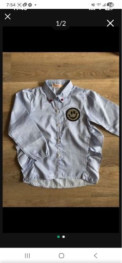 NEW Kids Children Girl Smile Happy Face Sequin Patch Blue White Striped Ruffle Long Sleeves Shirt Clothes Size 8-10