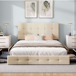 Queen Size Platform Bed Frame with 4 Storage Drawers,beige(944-14)