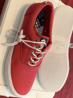 Men’s Sperry Topsiders size 13, new, red w/various colored design accents, cushioned insoles