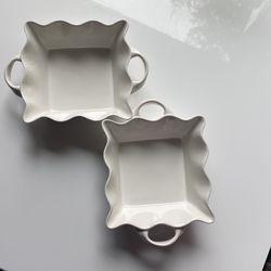 Two Small White Scalloped Wavy Edge Baking Dishes 
