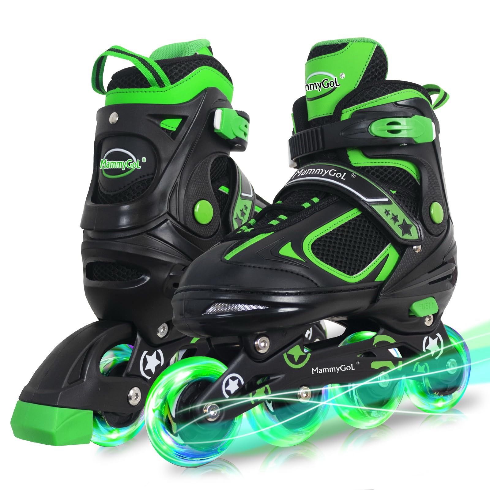 MammyGol Adjustable Inline Skates For Boys Girls Kids Youth With Light Up Wheels, Green Beginner Blades Roller Skates For Boys Size 1 2 3 4 Ages 6-12