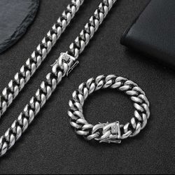 New 18k WhiteGold Filled Cuban Link Chain and Bracelet Set 