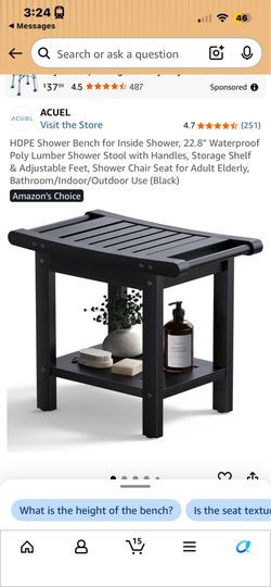 HDPE Shower Bench for Inside Shower, 22.8" Waterproof Poly Lumber Shower Stool with Handles, Storage Shelf & Adjustable Feet, Shower Chair Seat for Ad