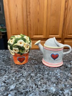 Ceramic Susan Winget Pair of Salt and Pepper Shakers. -Springtime Watering Can & Flowers. Preowned.