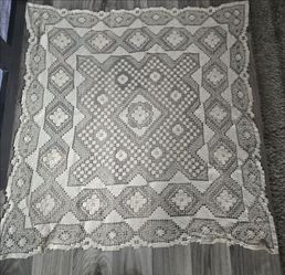 Vintage Ivory Filet Crochet Lace Tablecloth