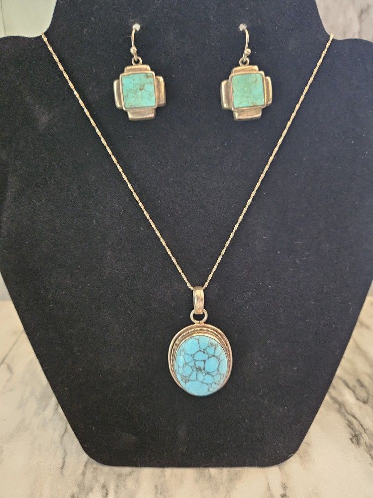 Sterling Silver Turquoise Necklace Earrings Set