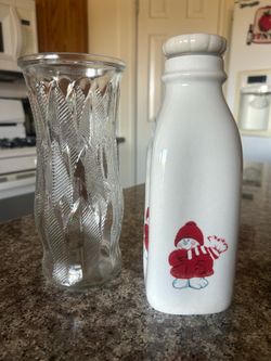 Vintage E.O. Brody Co. Glass Vase + Vintage Ceramic Snowman Vase Set