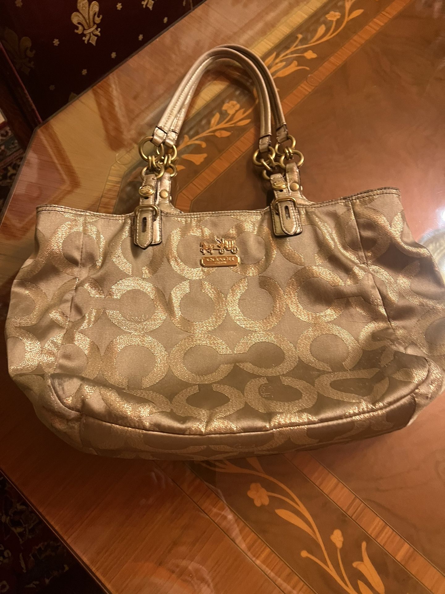 Coach Signature Light Metallic Gold Canvas Leather Trim Zipper Tote Shoulder Bag For Used