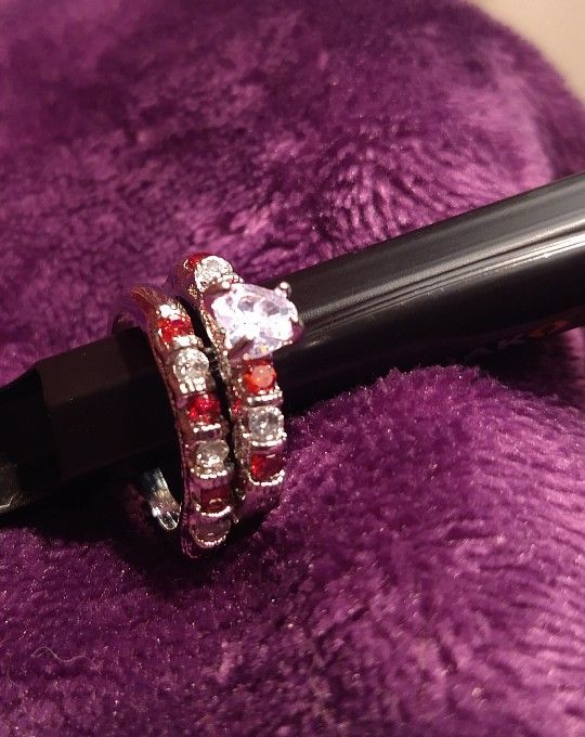 2pc Wedding Set In RED ZIRCON Sz. 8.5+ 6.5
