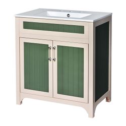 30'' Bathroom Vanity Cabinet with Ceramic Sink Combo Set, Solid Wood Frame Modern Bathroom Storage Cabinet with Height Adjustable Shelf