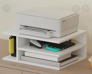 White Wood Desktop Printer Stand with Shelves