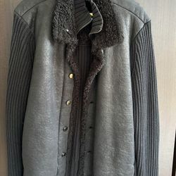 Armani Exchange Designer Black Ribbed Sherpa Leather Moto Jacket Coat Women XXL
