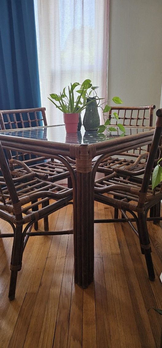 Vintage Bamboo Rattan Dining Set, Shelf, & Console
