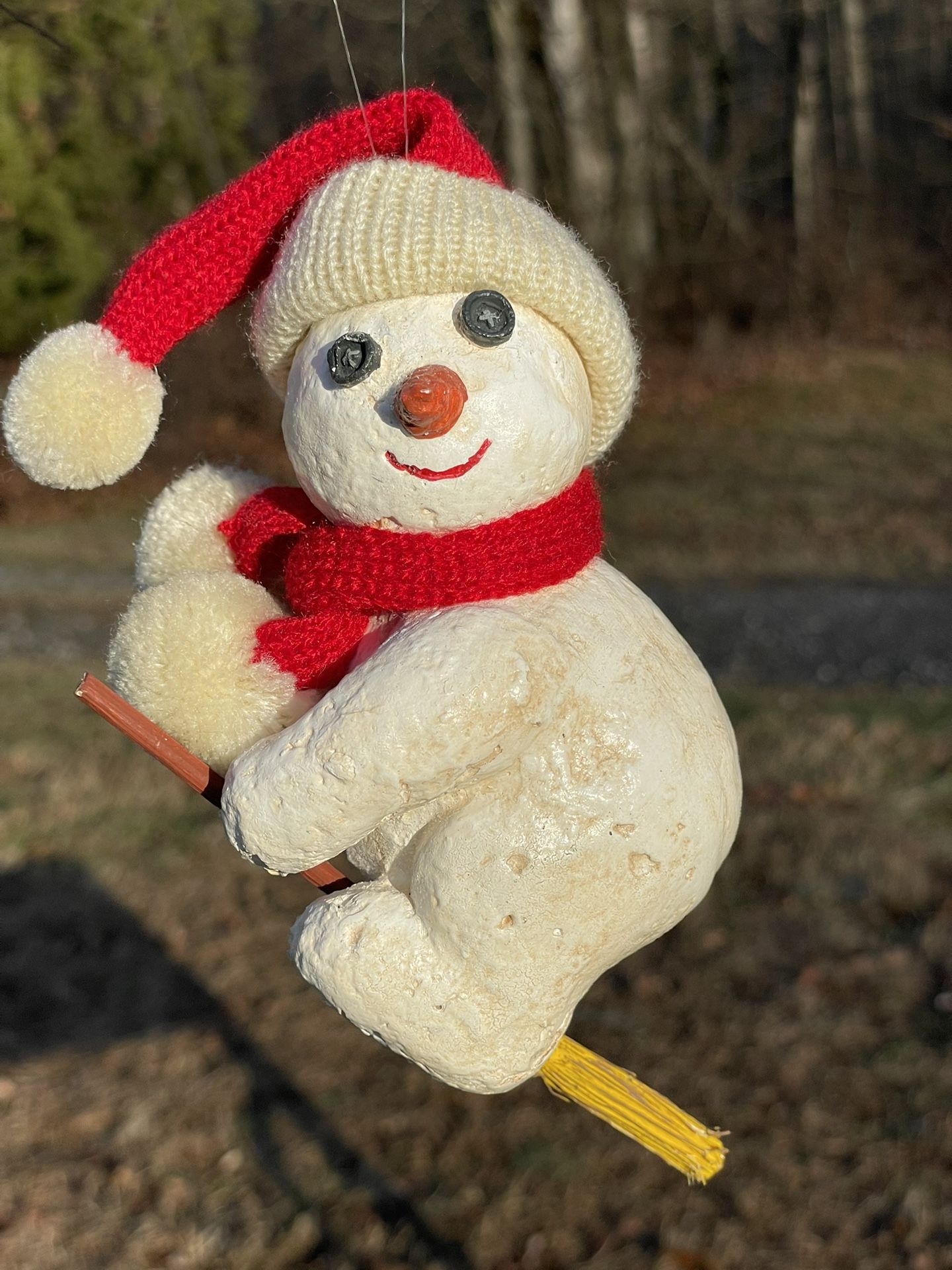 Estate Paper Mache Sparkly White Snowman Riding Broom with Red Cap & Scarf