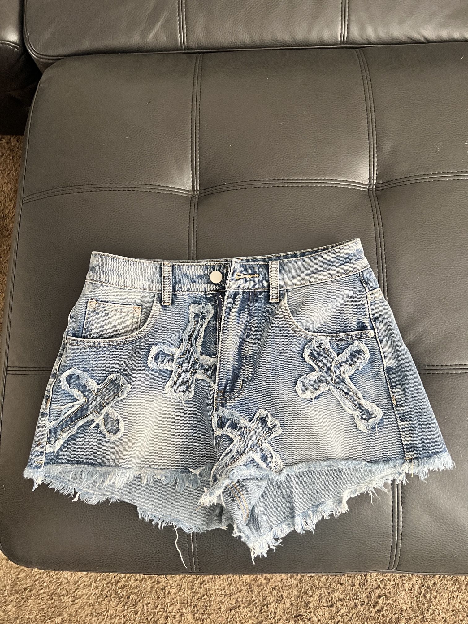 Cross Patch Fringed Denim Shorts