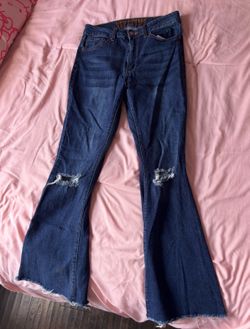 high rise dark blue boot cut jeans