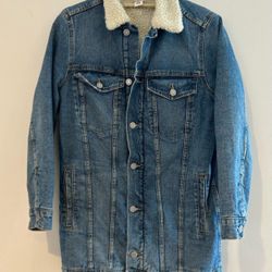 H&M Sherpa Lined Long Retro Denim Jacket Size 4 Small