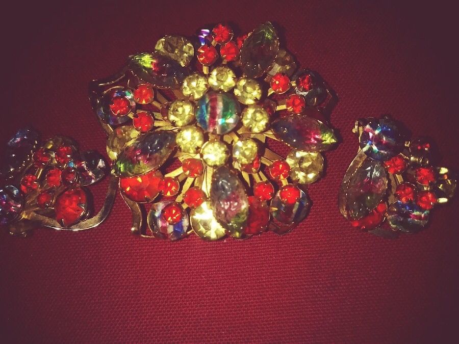 Vintage watermelon brooch earrings