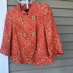 Talbots Vintage Orange, Gold Floral Jacquard Petite Cropped Jacket. Size: 6P