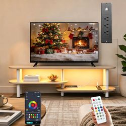 Walnut Curved TV Stand with Smart Strip Light & Power Outlet