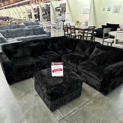 Stylish Black Sectional Sofa With Ottoman Fur- Like Fabric 