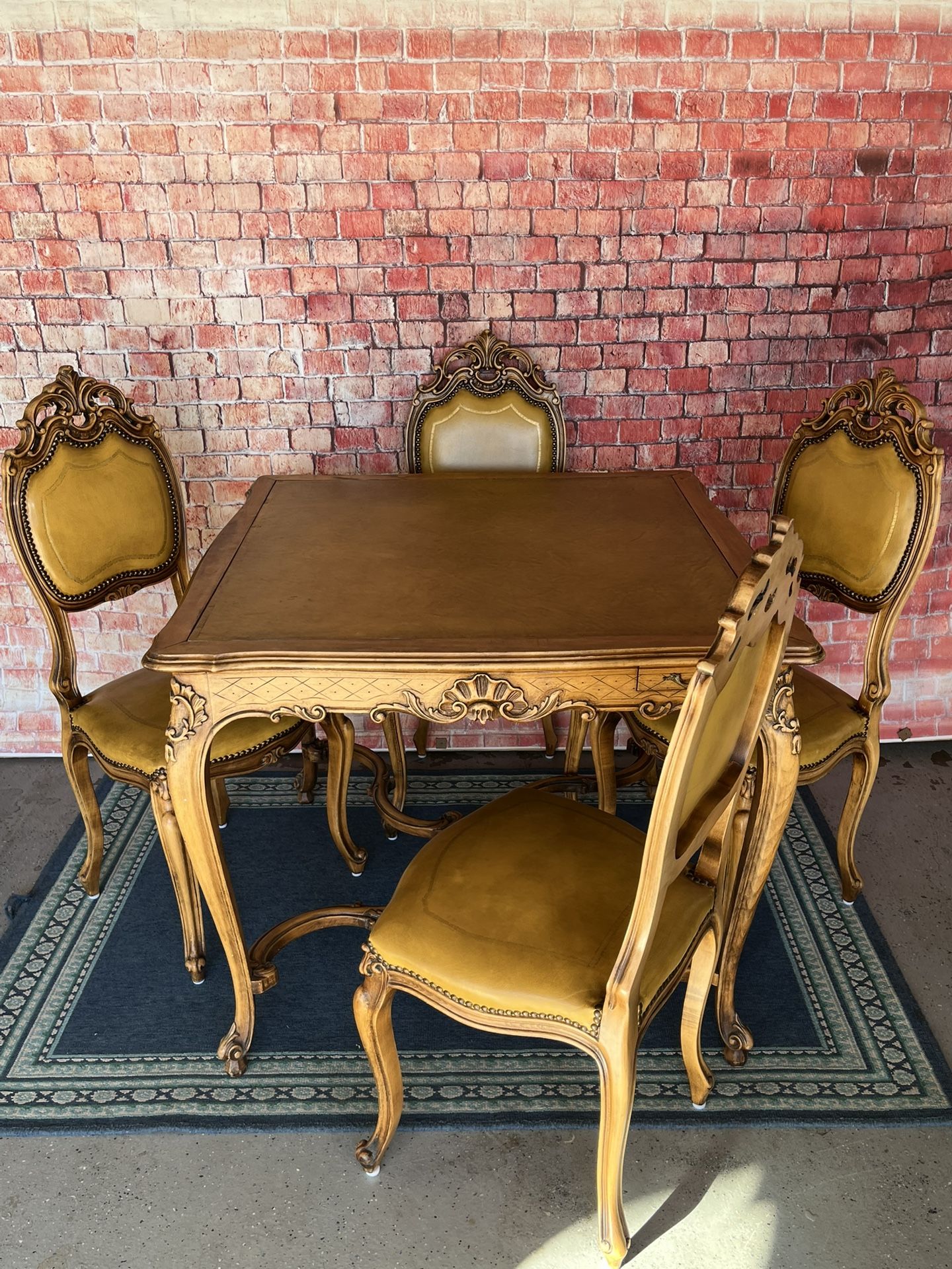 Antique Table And Chairs Set Solid Carved Wood Leather