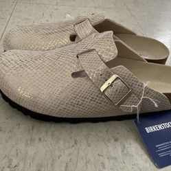 Birkenstock Boston BS clogs in the shiny python eggshell color