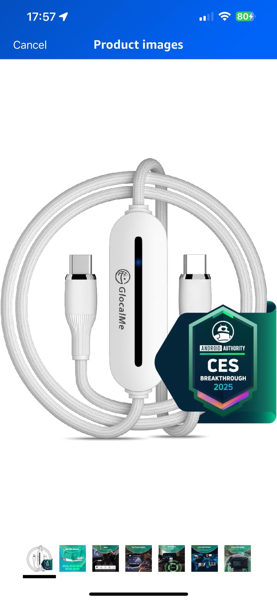 GlocalMe UniCord Charging Cable with 4G WiFi Mobile Hotspot and 1GB Datas, 3.2ft USB C Cable, 65W Fast Charging USB C Cable with a USB A, Type C for i