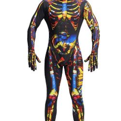 Men Halloween Skeleton Costume, Bones Skull Printed Jumpsuit Bodysuit Mask Outfit for Adults Fancy Dress XXL
