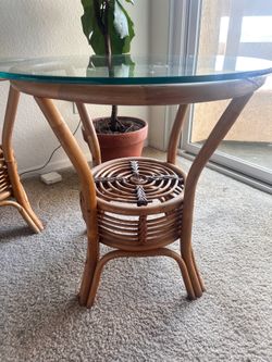 2 adorable glass top, rattan, side tables