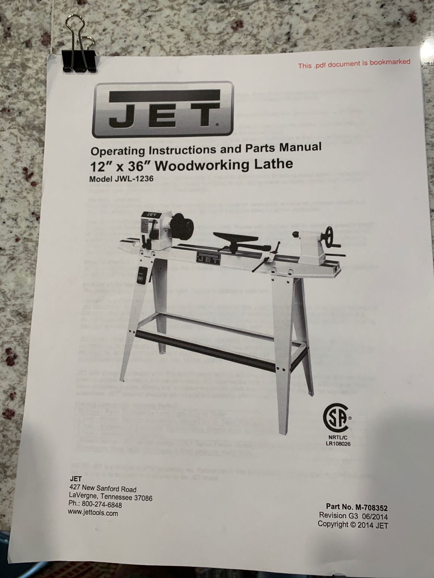 JET. Wood Lathe 12” x 36” with stand