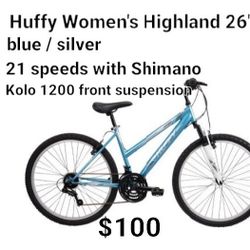 New Huffy Women's Highlands 26" Bike Silver / Blue 21 Speeds Shimano 