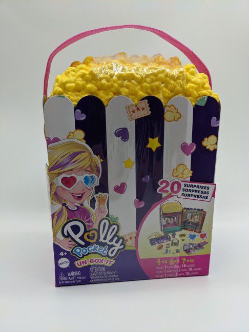 Polly Pocket UN-BOX-IT Popcorn Movie Theater PLAYSET 20 Surprises To Unbox BNIB