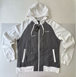 NWT  GUESS  Hoodie Full Zip Sweatshirt  Quilted  Embroidered  Gray White  Men  Size Large