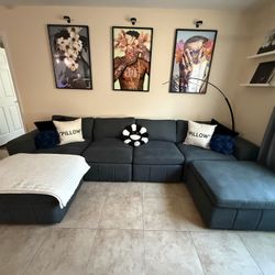 Modern Modular Sectional Couch w/ Double Chaise – Dark Blue Gray – 134” Wide