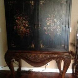 VINTAGE ORNATE VICTORIAN WOOD ROCOCO HAND PAINTED FLOWER ROSE SHELF STORAGE OCCASIONA CABINET STAND