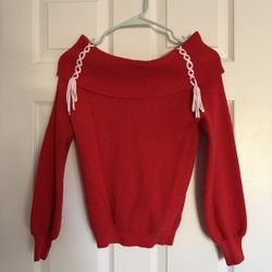 LaGOGO women’s Red Off-Shoulder Sweater with White Lace Accents