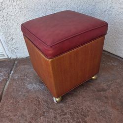 Vintage MCM Rolling Sewing Stool / Ottoman with Original Brass Casters