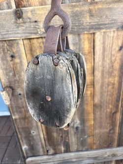 Rustic wood and metal pulley very heavy 