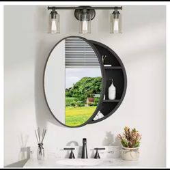 KeonJinn 26 in. W x 26 in. H Round Black Metal Framed Medicine Cabinet