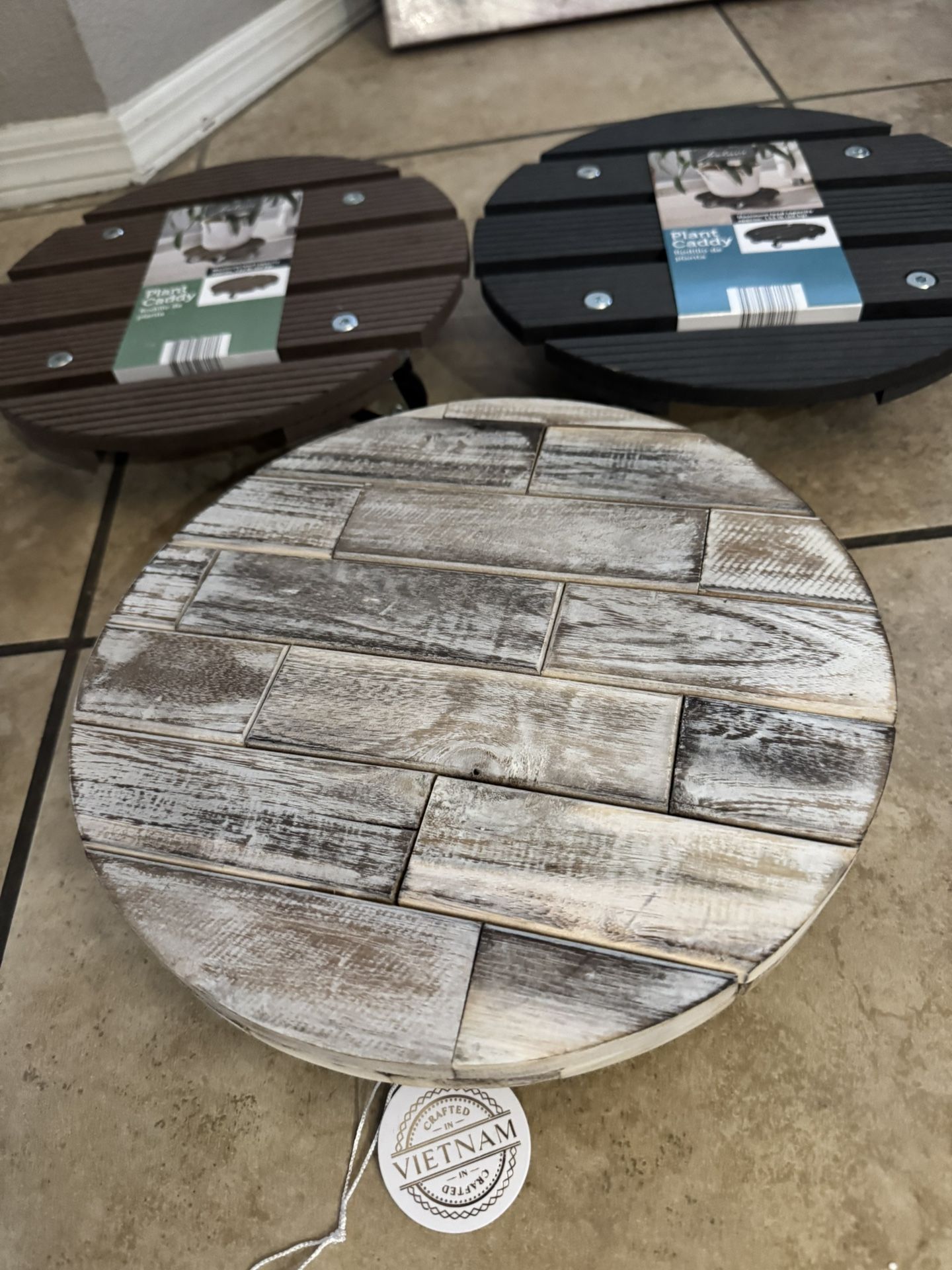 12in. Round Wood Plant Stand Caddy with Wheels. It’s available as long as you can see this post. The description on it. New The price for each