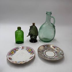 Vintage Glass Bottle Lot Mission Winery San Jose Jug Horse Decanter China Saucers