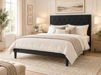 Queen bed Upholstered Platform Bed Frame with Adjustable Headboard, Button Tufted, Wood Slat Support, Easy Assembly, Black
