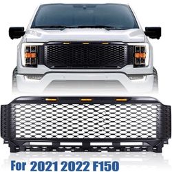 Front Bumper Grille For 2021-2022 Ford F150 W/ LED Raptor Style Matte Black